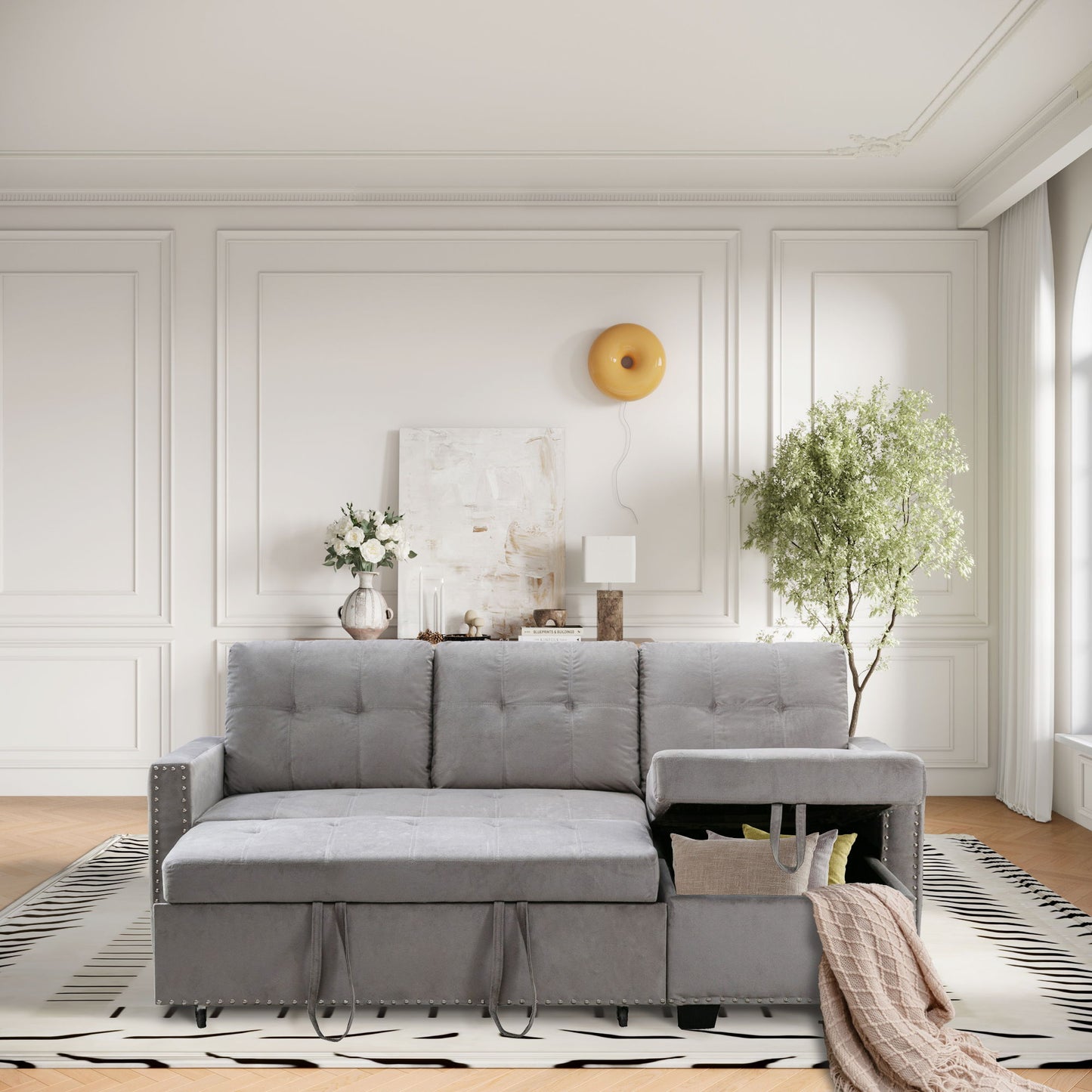 Reversible Sectional Storage Sleeper Sofa Bed, L-Shape 2 Seat Sectional Chaise With Storage, Skin-Feeling Velvet Fabric - Light Gray