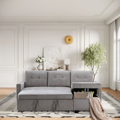 Reversible Sectional Storage Sleeper Sofa Bed, L-Shape 2 Seat Sectional Chaise With Storage, Skin-Feeling Velvet Fabric - Light Gray