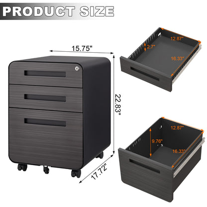 3 Drawer Mobile File Cabinet Under Desk Office, Simple Style Versatile Storage Cabinet, 5 Wheel Design Anti-Tilting Cold Rolled Steel Waterproof Moisture-Proof - Black