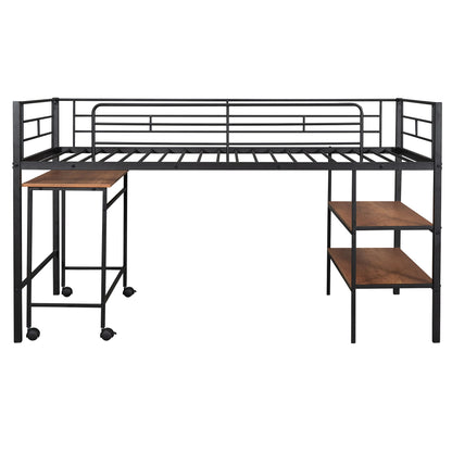 Twin Size Loft Bed With Desk And Shelves - Black