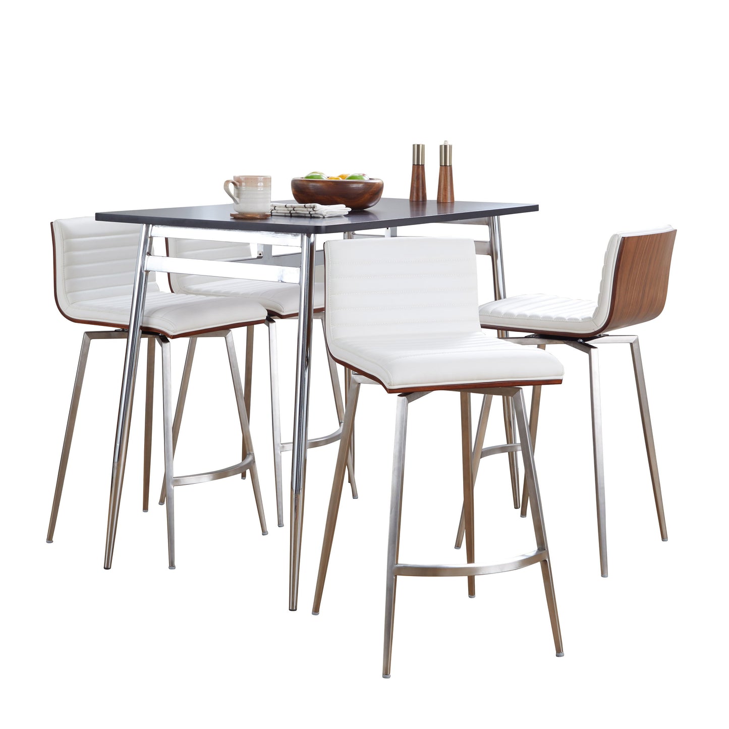 Marcel Mason - 5 Piece Swivel Contemporary Counter Height Dining Set - Chrome - Black / Walnut / White
