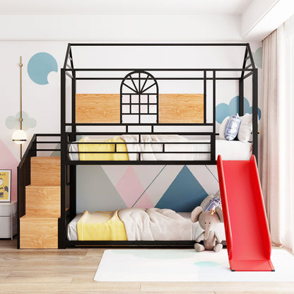 Twin Over Twin Bunk Bed, Housebed With Slide And Storage Stair - Black / Red