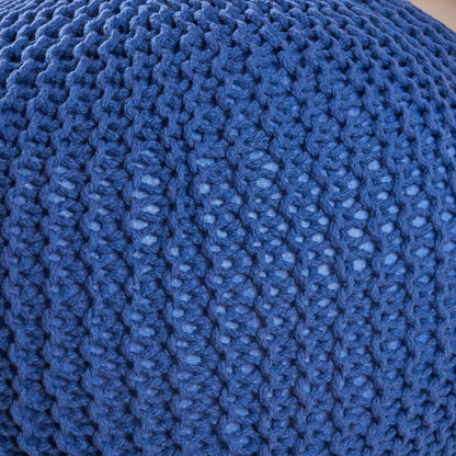Bordeaux - Knitted Cotton Round Pouf Ottoman, Versatile Floor Cushion, Cotton Material - Navy Blue