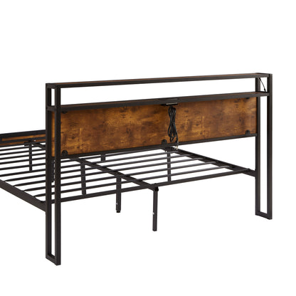 Modern Full Size Metal Platform Bed Frame With Wooden Headboard And Footboard, USB Charging Station, LED Lights, 2 Drawers, Easy Assemble - Brown / Black