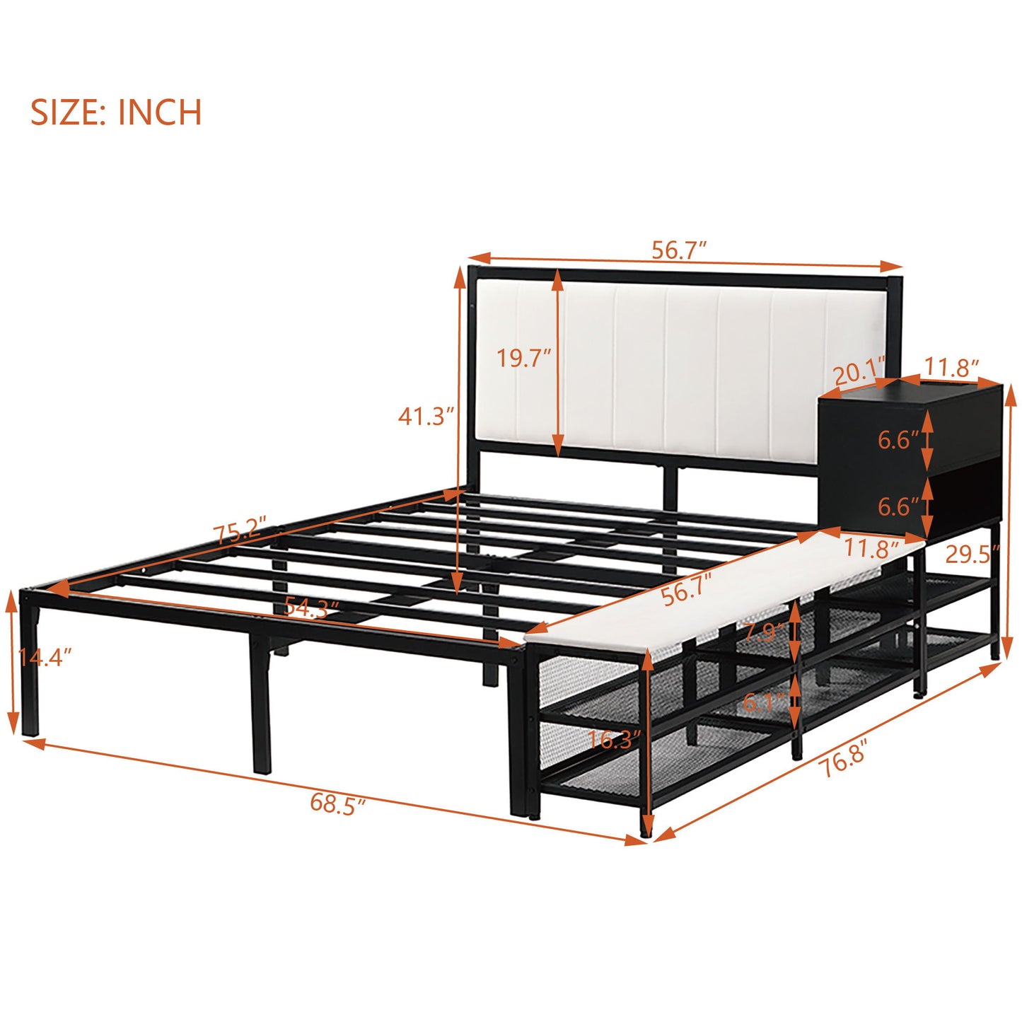 Full Size Platform Bed With 2 Tier Storage Shelves, Storage Cabinet - Black