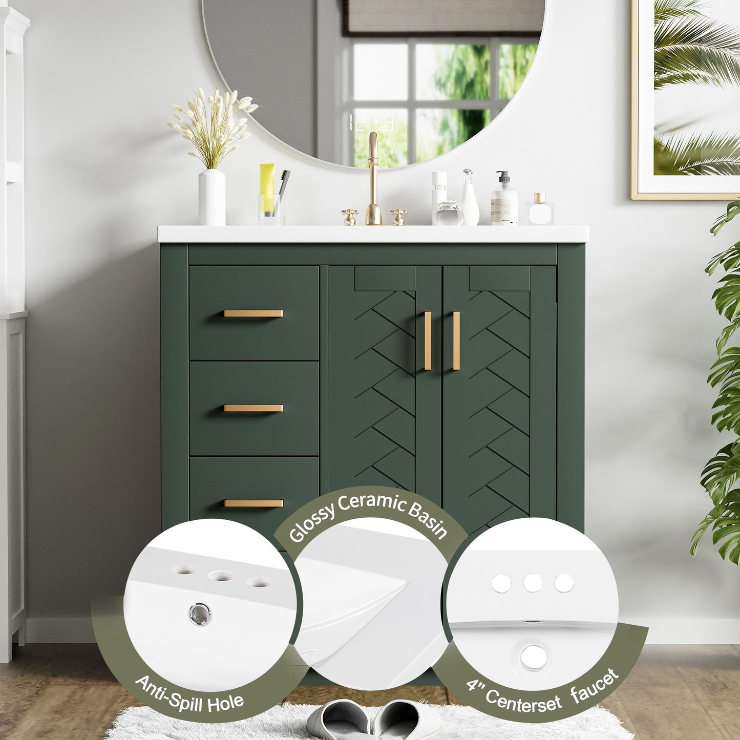 Bathroom Vanity With Ceramic Sink Combo, Frame Bathroom Storage Cabinet, Freestanding Vanity Set With 3 Drawers & Soft Closing Doors - Green