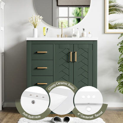 Bathroom Vanity With Ceramic Sink Combo, Frame Bathroom Storage Cabinet, Freestanding Vanity Set With 3 Drawers & Soft Closing Doors - Green