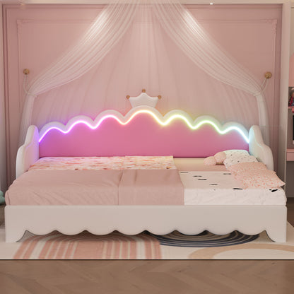Twin Extending Daybed With LED Lights, Modern Upholstered Princess Daybed With Crown Headboard - White