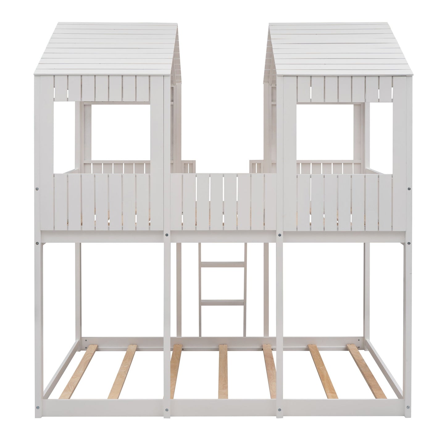 Full Over Full Bunk Bed With Roof, Window, Guardrail, Ladder - White