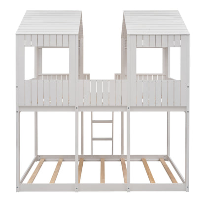 Full Over Full Bunk Bed With Roof, Window, Guardrail, Ladder - White