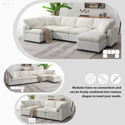 Modern Modular Cloud Sofa Bed, 6 Seat Chenille Sectional Couch Set With Ottoman, Free Combination, Convertible U Shaped Sleeper Sofa - Beige