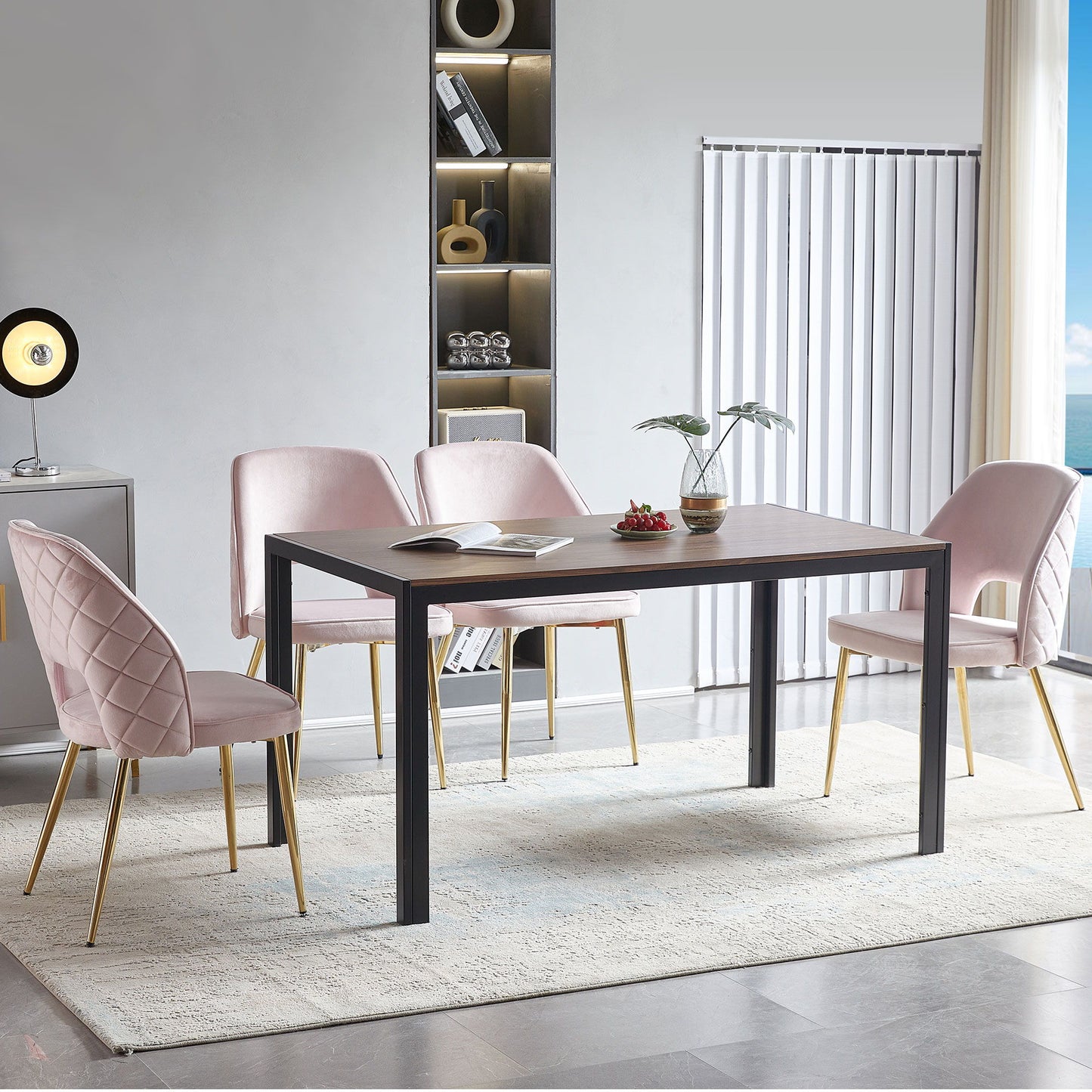 Velvet Dining Chairs With Metal Legs And Hollow Back Upholstered Dining Chairs (Set of 4) - Pink