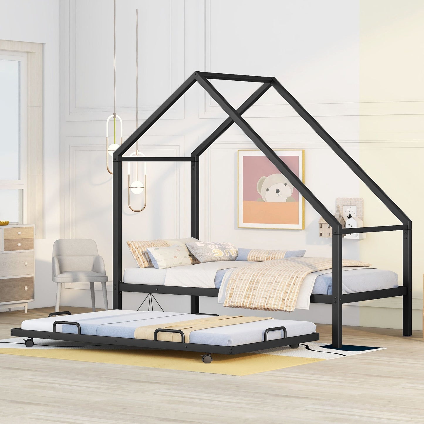 Twin Size House Bed With Trundle - Black