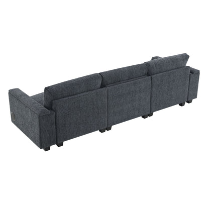 Sectional With Bluetooth Speaker Comfy Cloud Couch Set With Drop Down Table Cup Holders, USB Charger Storage Armrest Wide Seat Sofa - Dark Gray