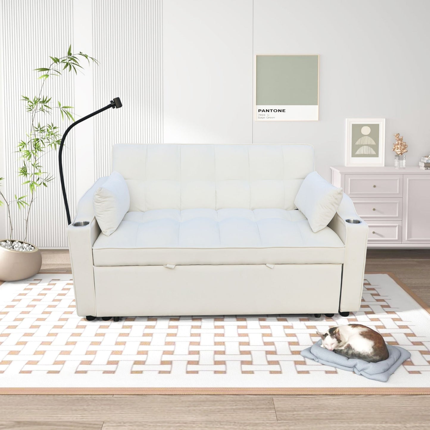 Modern Velvet Loveseat Futon Sofa Couch With Pullout Bed, Adjustable Reclining Backrest - Beige