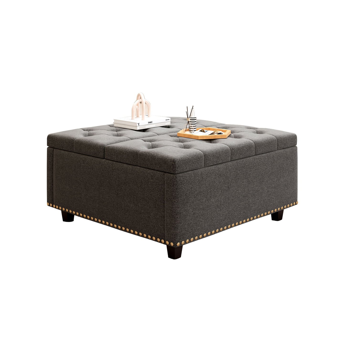 Massive Square Storage Bench, Footstool With 2 Storage Doors, Mid - Century Modern Coffee Table For Living Room, Nailhead Inlay - Dark Gray