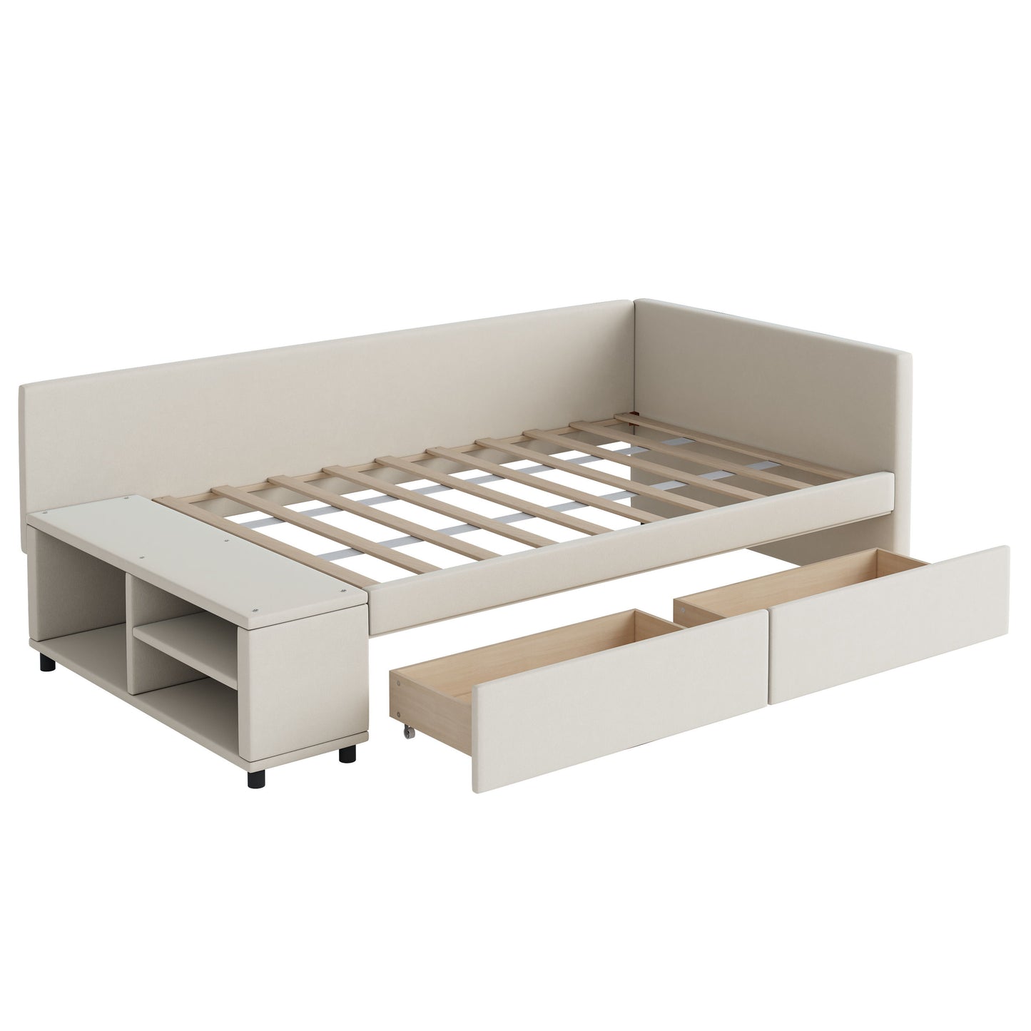 Twin L Shaped Upholstered Platform Bed With Storage And Drawers - Beige