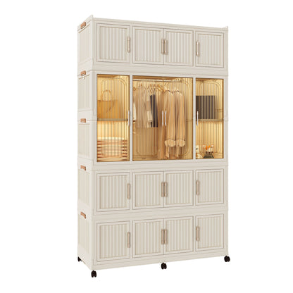 Portable Wardrobe Closet Storage Organizer With Magnetic Doors, Polypropylene - Cream White