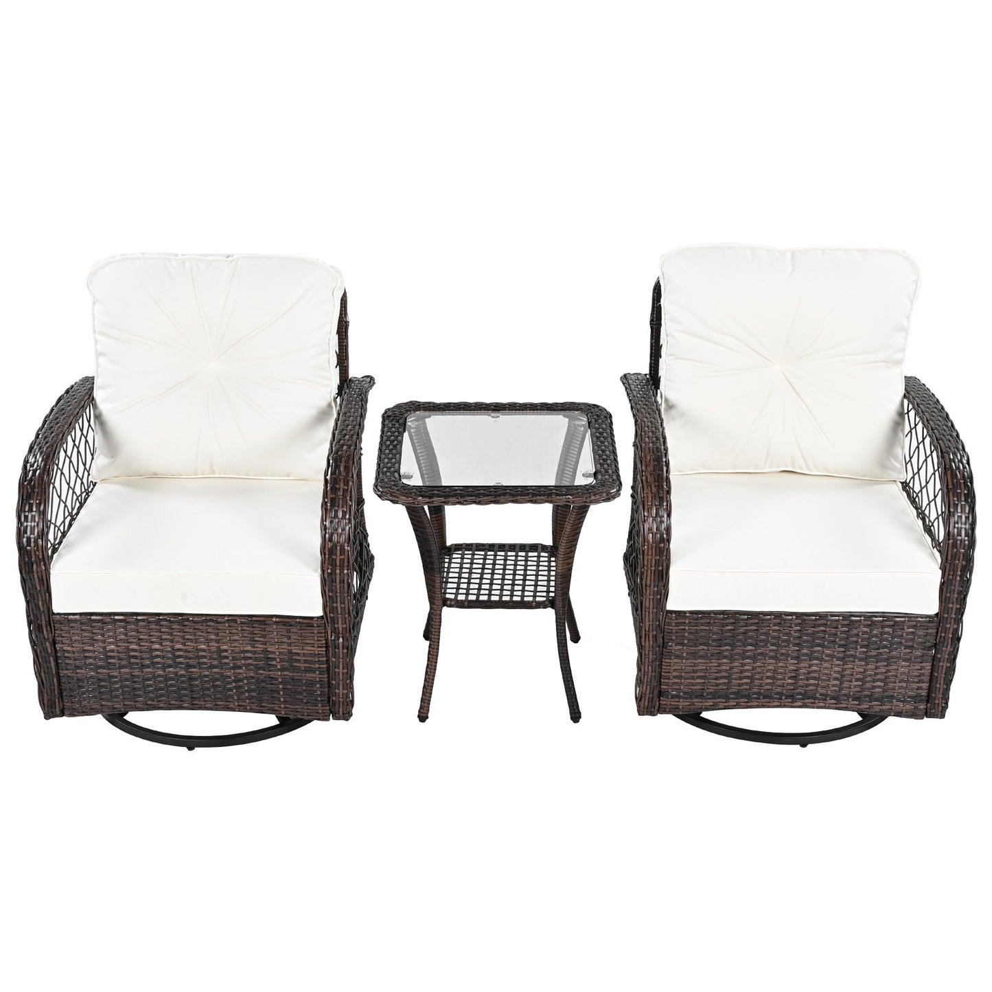 3 Piece Outdoor Chair & Table Set Chat Set 2 Person Rattan Seating Group With 2 Swiveling And Rocking Chairs And A Square Table For Garden, Patio, Or Balcony - Brown