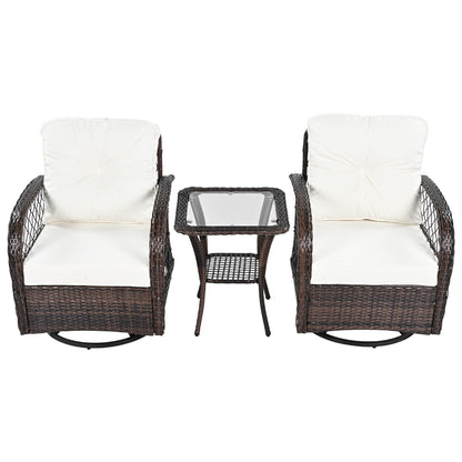 3 Piece Outdoor Chair & Table Set Chat Set 2 Person Rattan Seating Group With 2 Swiveling And Rocking Chairs And A Square Table For Garden, Patio, Or Balcony - Brown