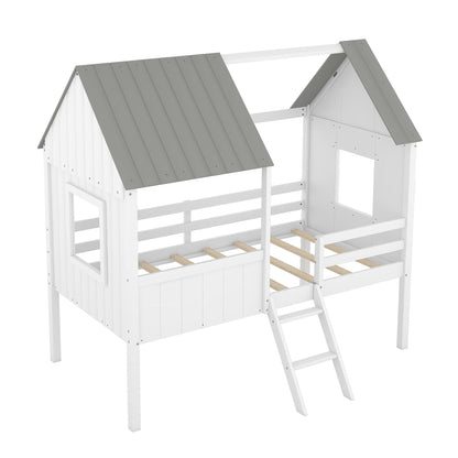 Twin Size Low Loft House Bed With Two Side Windows - White / Gray