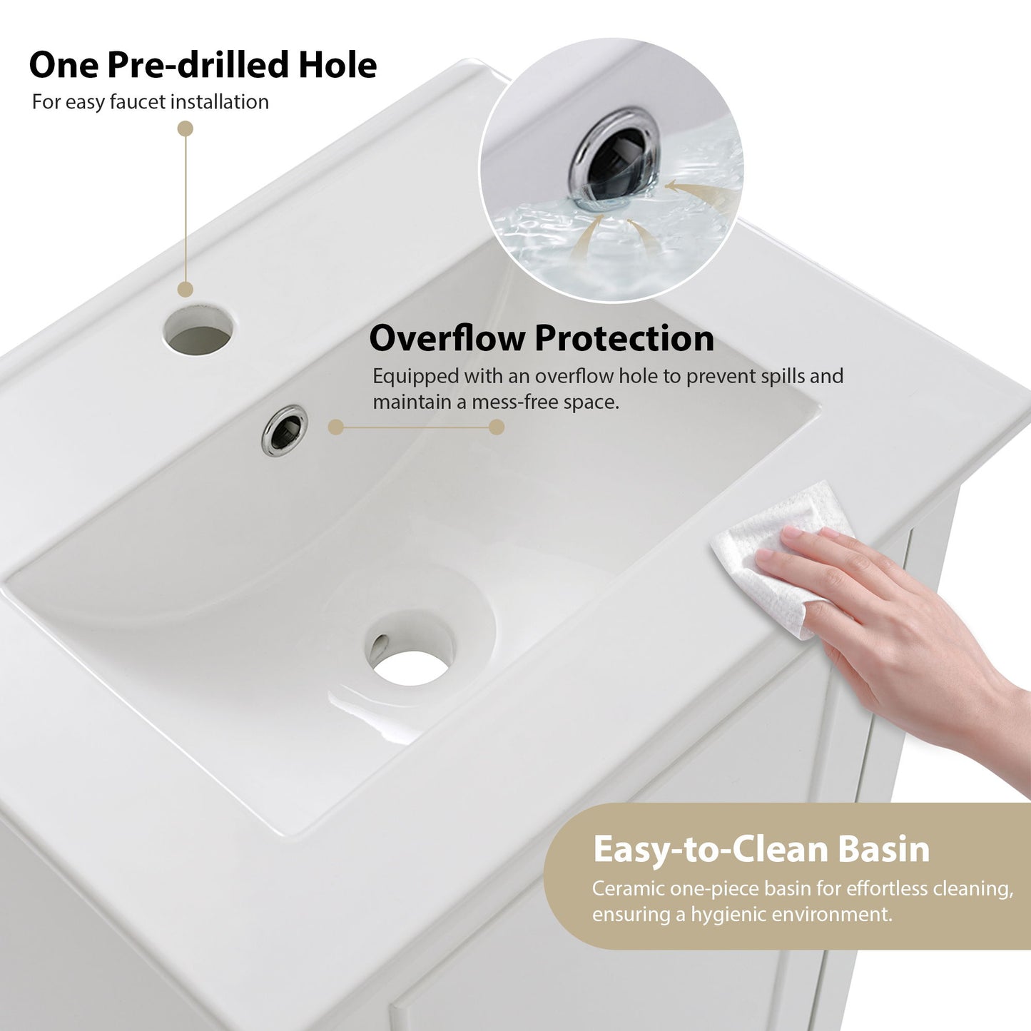 Modern Small Bathroom Vanity Cabinet With Ceramic Basin, Ample Storage, 1 Soft-Close Door - White
