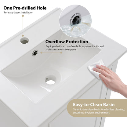 Modern Small Bathroom Vanity Cabinet With Ceramic Basin, Ample Storage, 1 Soft-Close Door - White