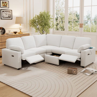 Power Recliner Sectional Sofa Home Theater Reclining Sofa With Two USB Ports, Two Storage Drawers For Living Room - Beige