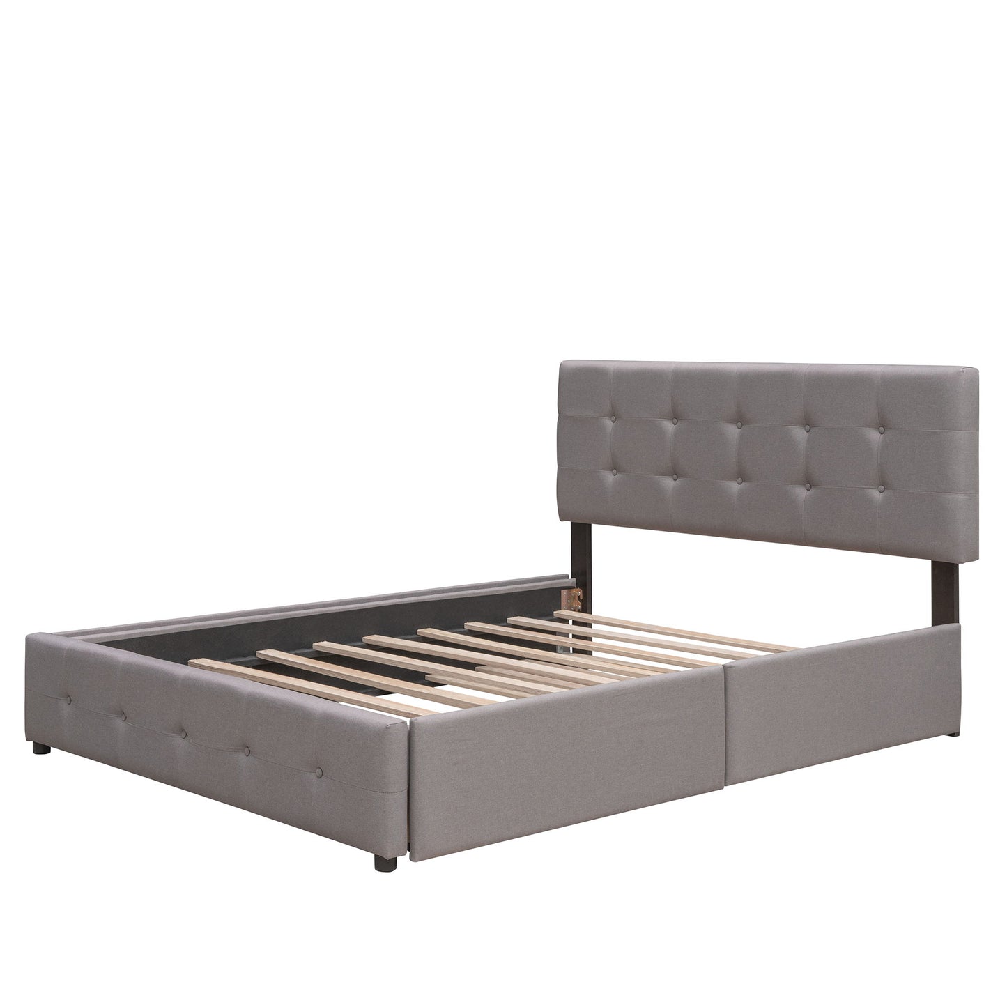 Queen Size Upholstered Platform Bed With 2 Drawers And 1 Twin Long Trundle - Light Gray