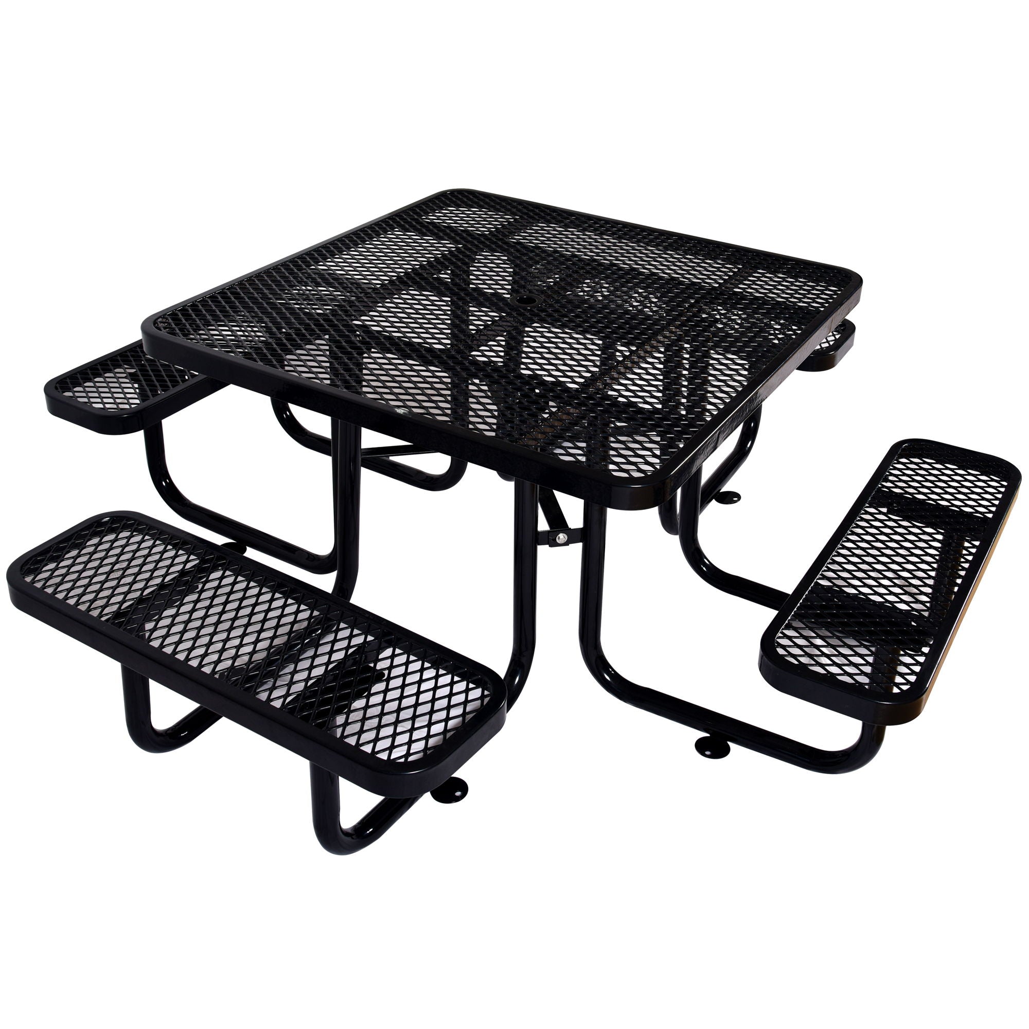 Square Outdoor Steel Picnic Table, With Umbrella Pole - Black