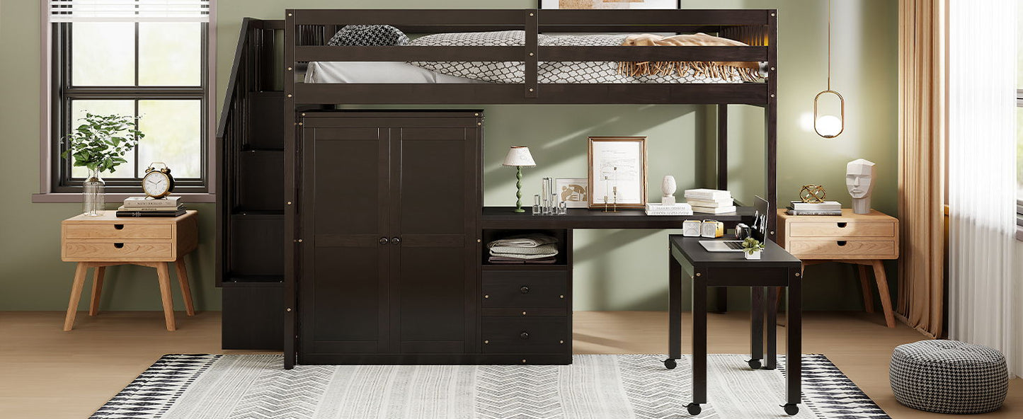 Full Size Loft Bed With Stairs, Bookshelf, Drawers, Desk & Wardrobe, Space Saving Multifunctional Furniture - Espresso