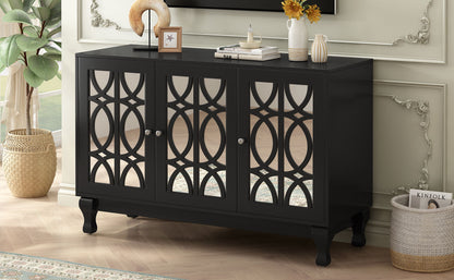 Modern Mirrored TV Stand For TV Up To 55", Entertainment Center Solid Wood Legs, Metal Handle And 3 Adjustable Shelves For Living Room - Black