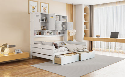 Full Size Daybed With 2 Drawers And All In One Cabinet And Shelf - White