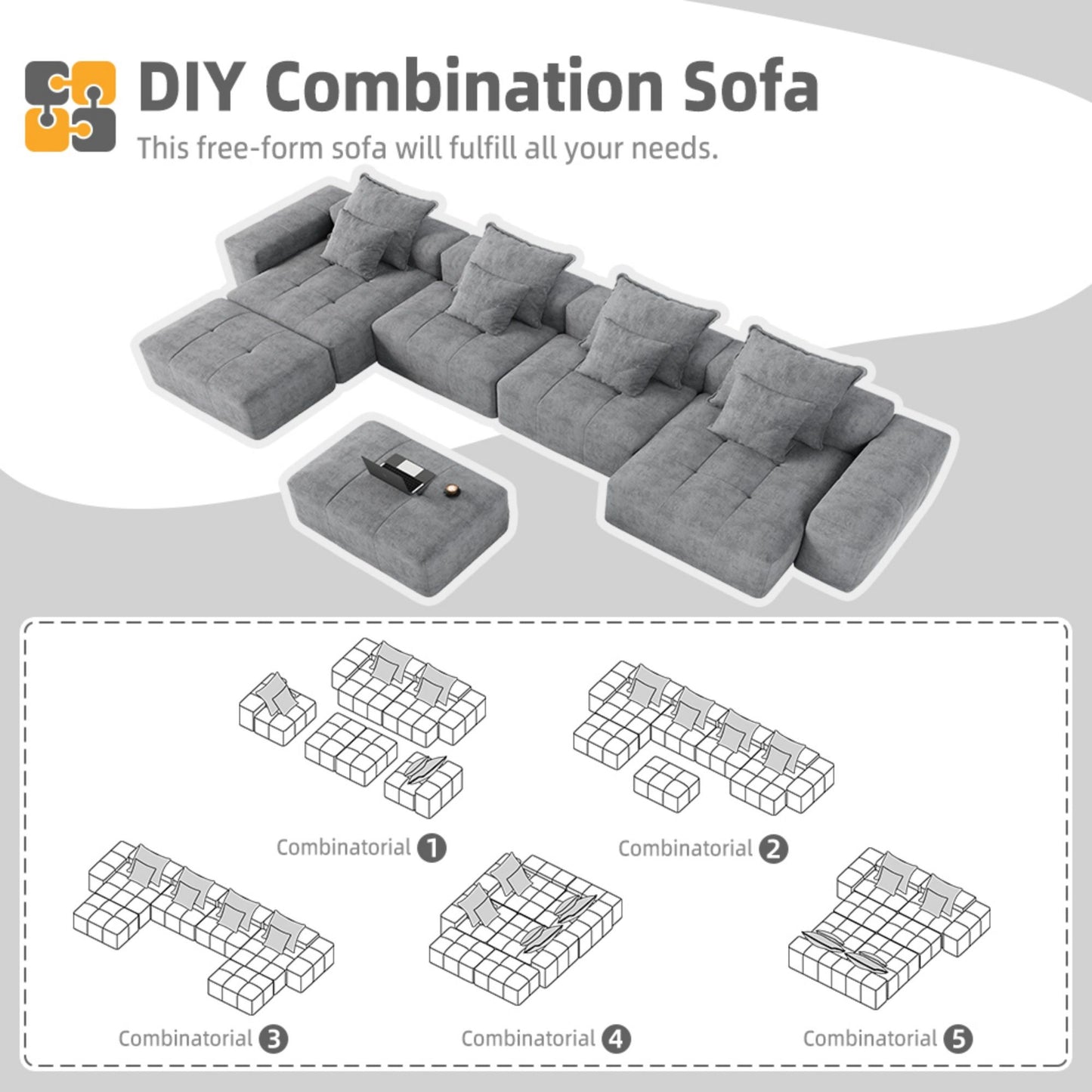 Modern Oversized Modular Sectional Sofa, Sparkling Chenille Fabric Soft Cushion Sofa With 8 Pillows, 8 Pieces Diy Combination Tufted Sofa, No Assembly Required - Gray