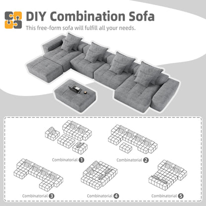 Modern Oversized Modular Sectional Sofa, Sparkling Chenille Fabric Soft Cushion Sofa With 8 Pillows, 8 Pieces Diy Combination Tufted Sofa, No Assembly Required - Gray
