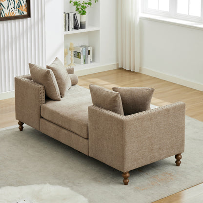 Upholstered Chaise Lounge Indoor With Nailheads, Sleeper Sofa Couch With 4 Throw Pillows & 2 Bolsters, Daybed With Rubberwood Legs - Taupe