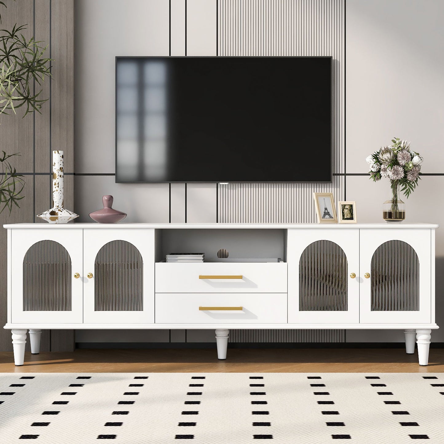 Retro TV Stand For TVs Up To 75", Entertainment Center Media Console With Fluted Glass Doors And 5 Solid Wood Legs For Living Room - White
