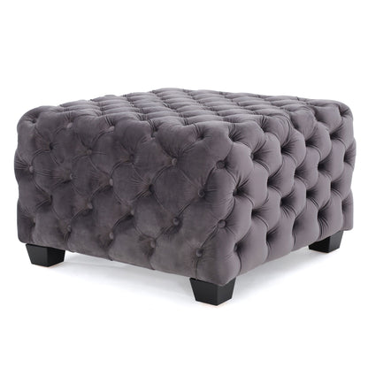 Modern Glam Velvet Ottoman With Button Tufted Diamond Stitch Design - Gray