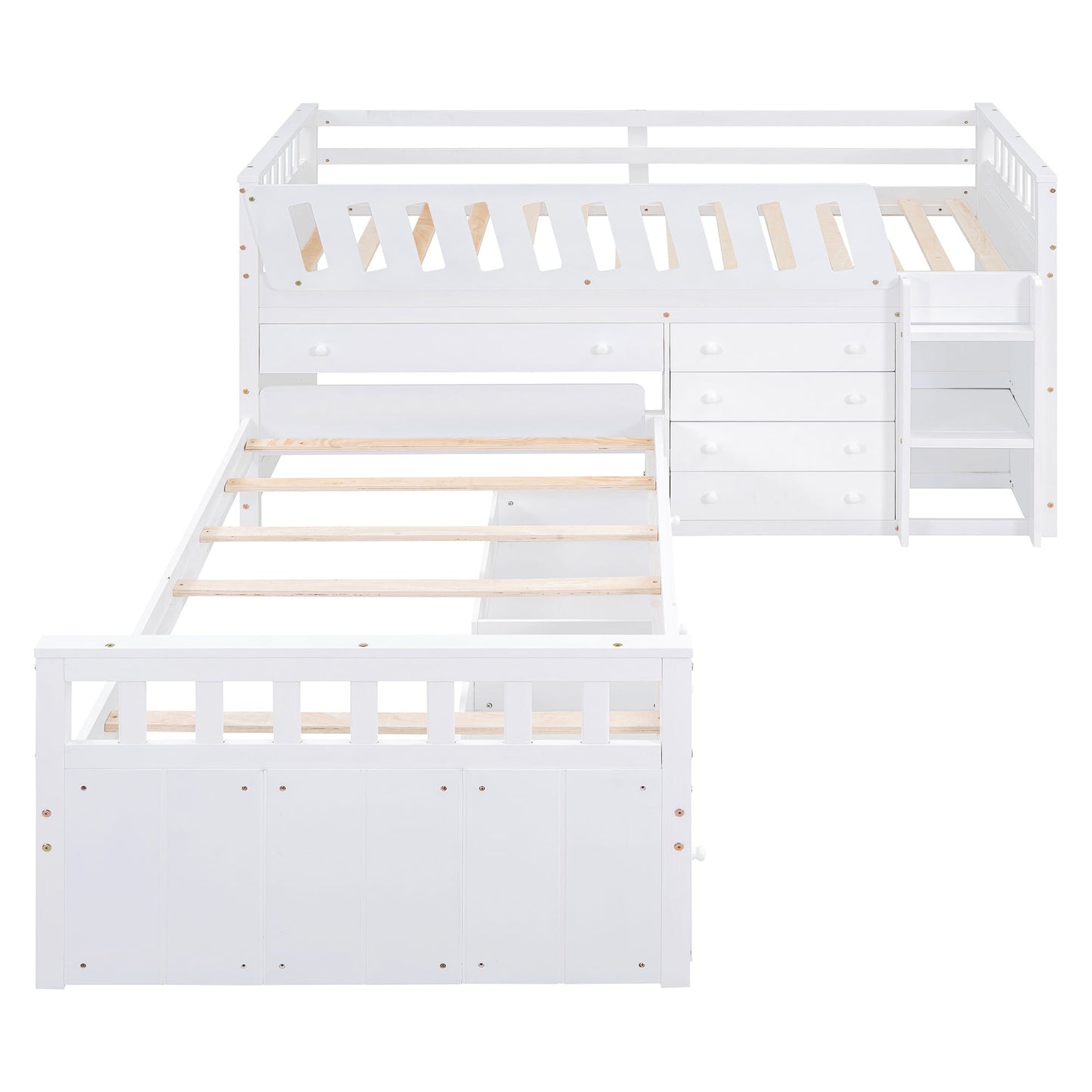 Twin Loft And Platform Bed With 7 Drawers And Full Guardrails, Modern L Shaped Space Savin - White