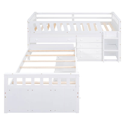 Twin Loft And Platform Bed With 7 Drawers And Full Guardrails, Modern L Shaped Space Savin - White