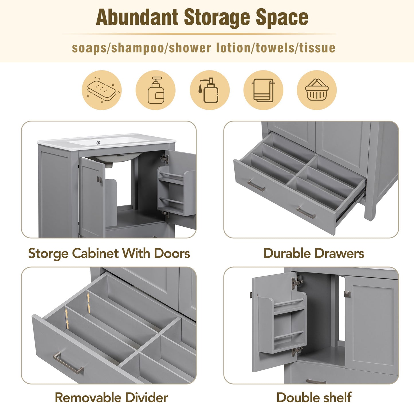Bathroom Vanity With Single Sink, Combo Cabinet Undermount Sink, Bathroom Storage Cabinet With Two Doors And A Drawer, Soft Closing, Multifunctional Storage, Solid Wood Frame - Gray
