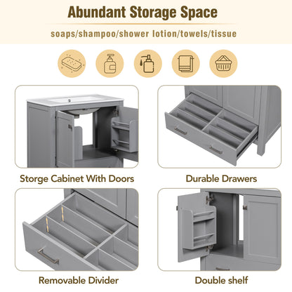Bathroom Vanity With Single Sink, Combo Cabinet Undermount Sink, Bathroom Storage Cabinet With Two Doors And A Drawer, Soft Closing, Multifunctional Storage, Solid Wood Frame - Gray