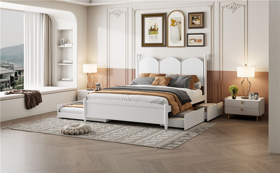 Queen Size Platform Bed With With 2 Big Drawers, Twin Long Size Trundle - White