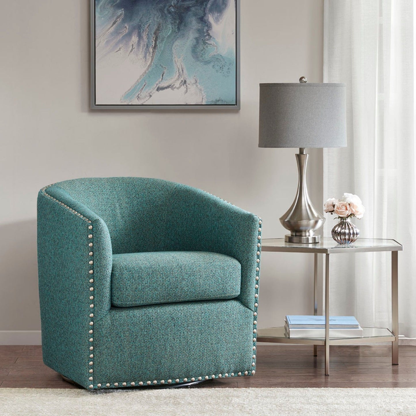 Swivel Chair With Foam Cushion And Pewter Nailhead Trim Upholstery, Solid Wood Frame - Green