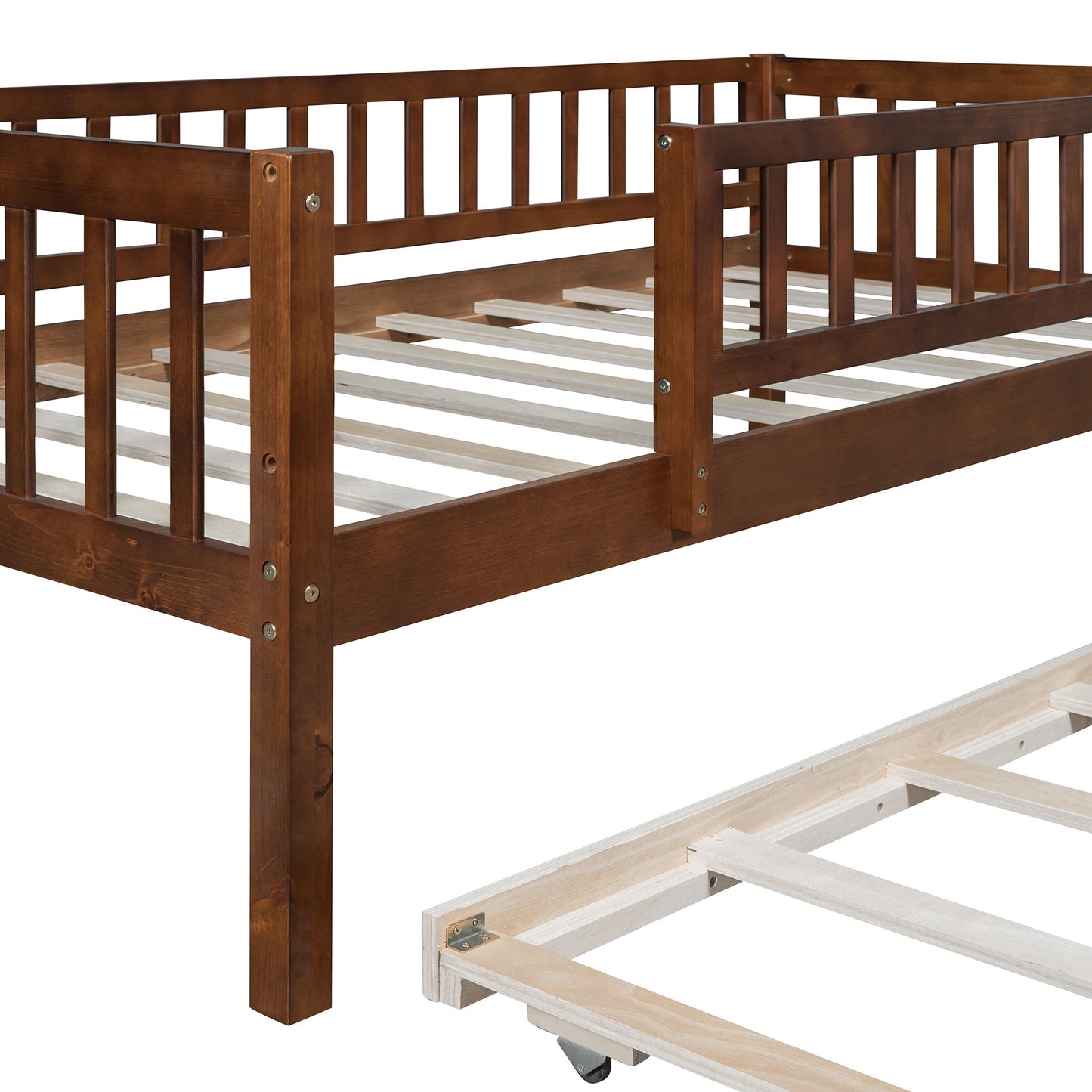 Twin Size Daybed With Trundle And Fence Guardrails - Walnut