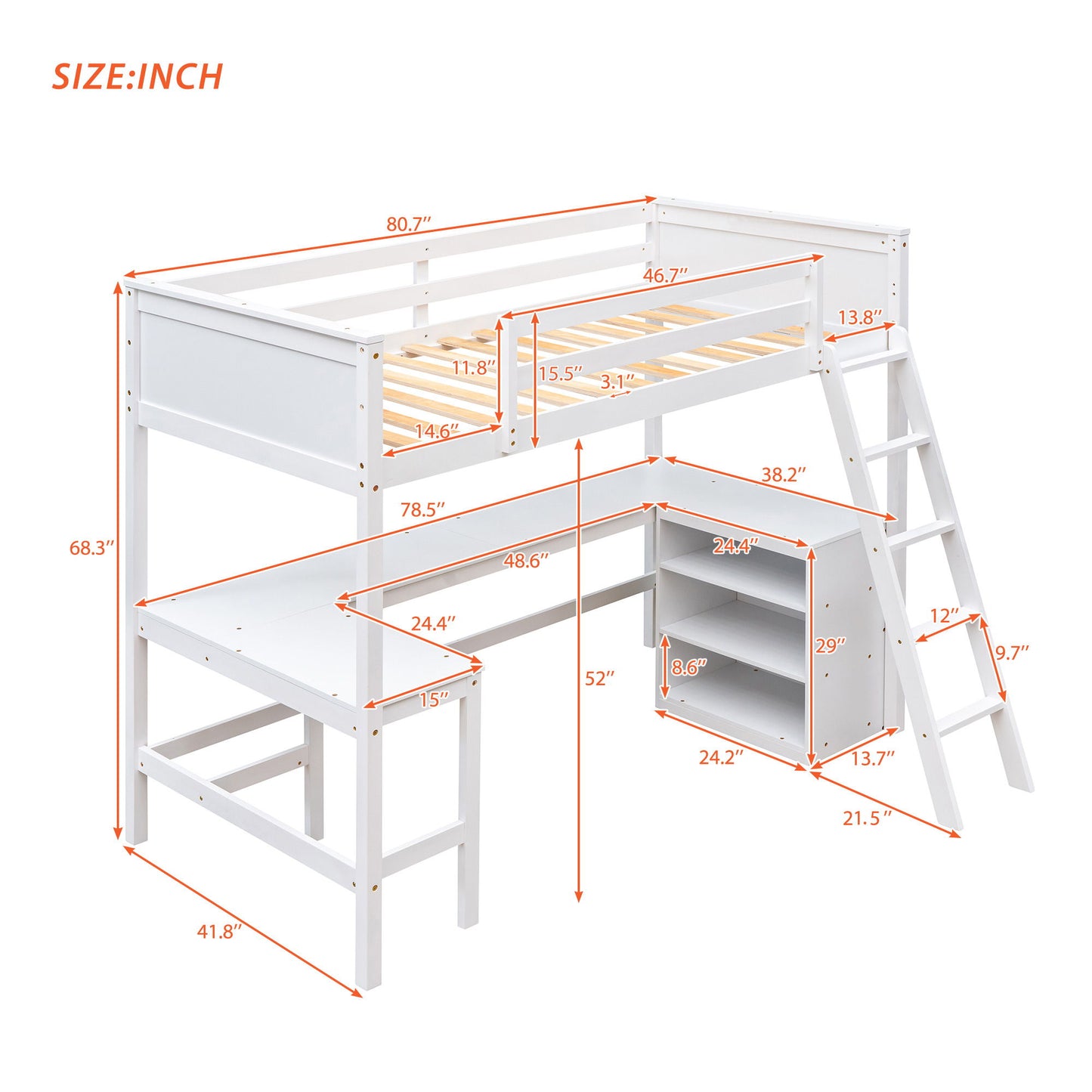 Twin Size Loft Bed With Shelves With Desk - White