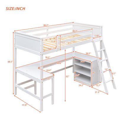 Twin Size Loft Bed With Shelves With Desk - White