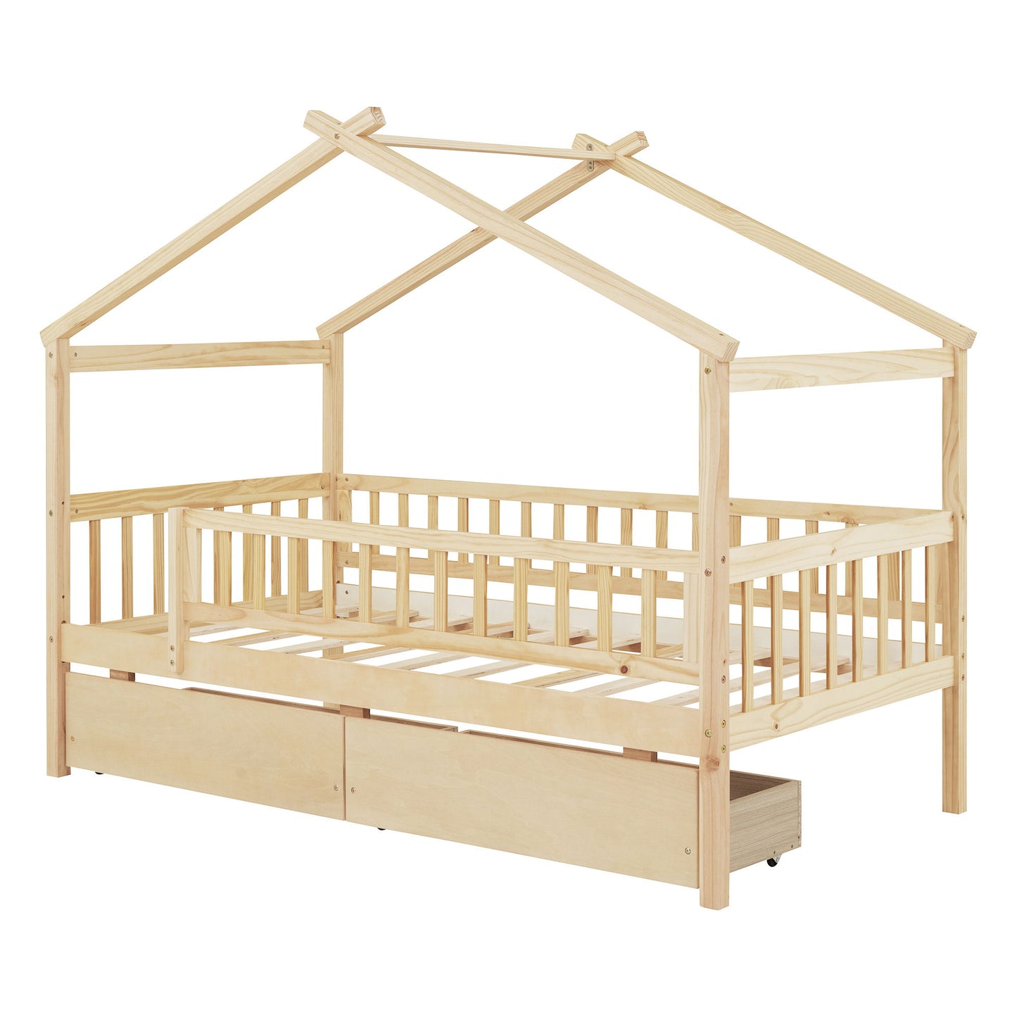 Twin Size House Bed With 2 Drawers - Natural