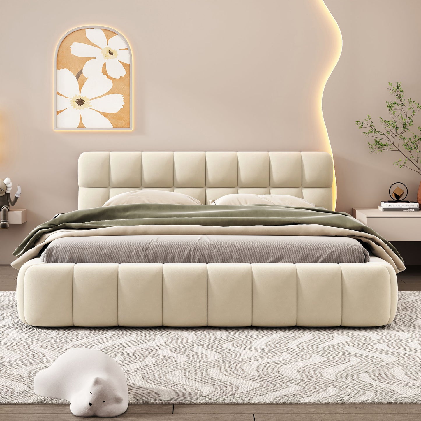 Queen Size Upholstered Platform Bed With Thick, Grounded Bed With Solid Frame - Beige