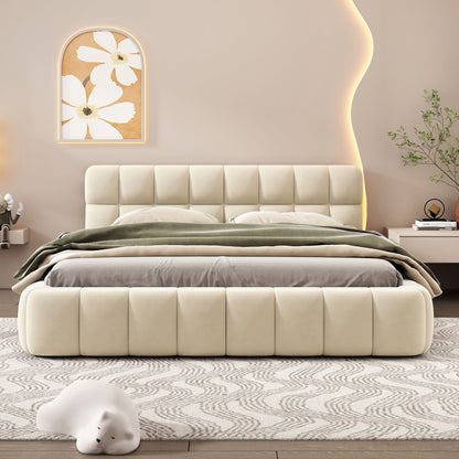 Queen Size Upholstered Platform Bed With Thick, Grounded Bed With Solid Frame - Beige